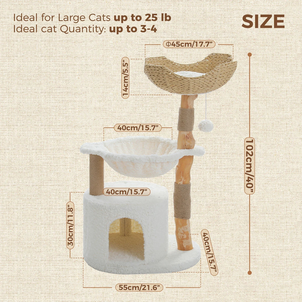 Dimensions de l'arbre à chat en bois et rotin : hauteur totale 102 cm