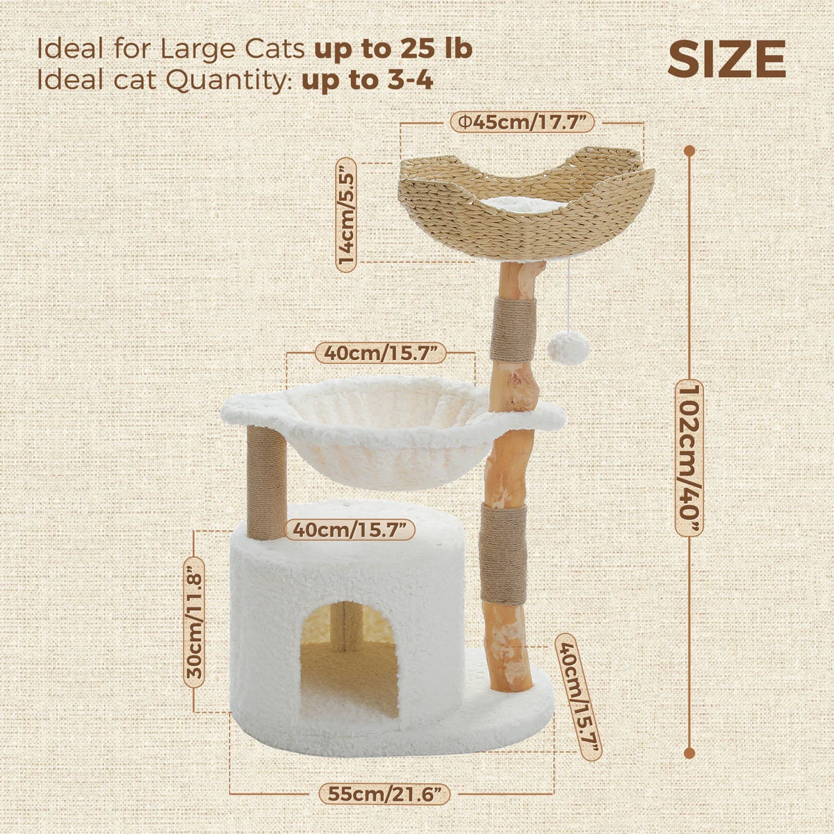 Dimensions de l'arbre à chat en bois et rotin : hauteur totale 102 cm