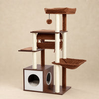 Arbre à chat Maple brun noyer avec hamac, tunnel et niche sur fond beige