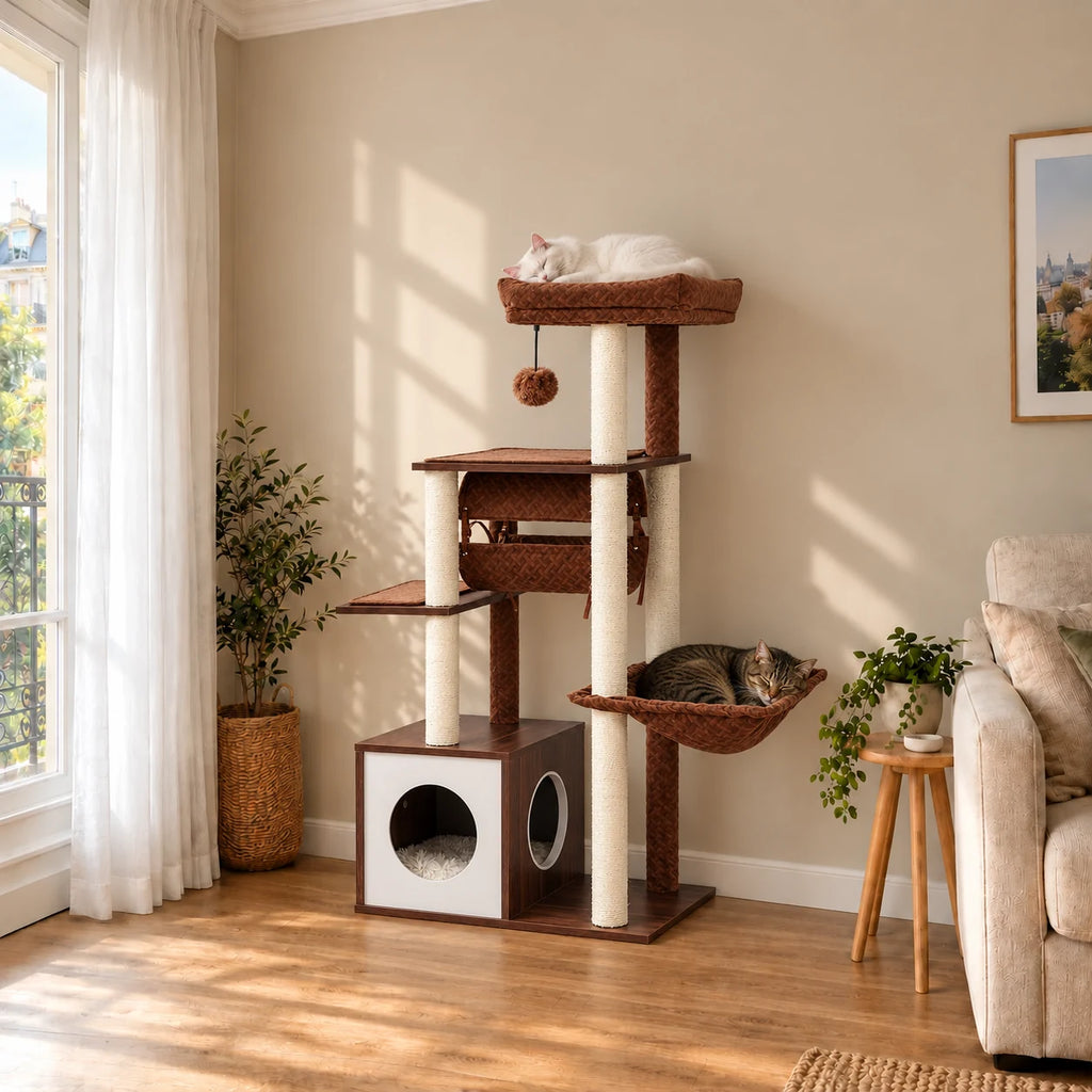 Arbre à chat Maple brun dans un salon, chats endormis sur le perchoir et dans le hamac