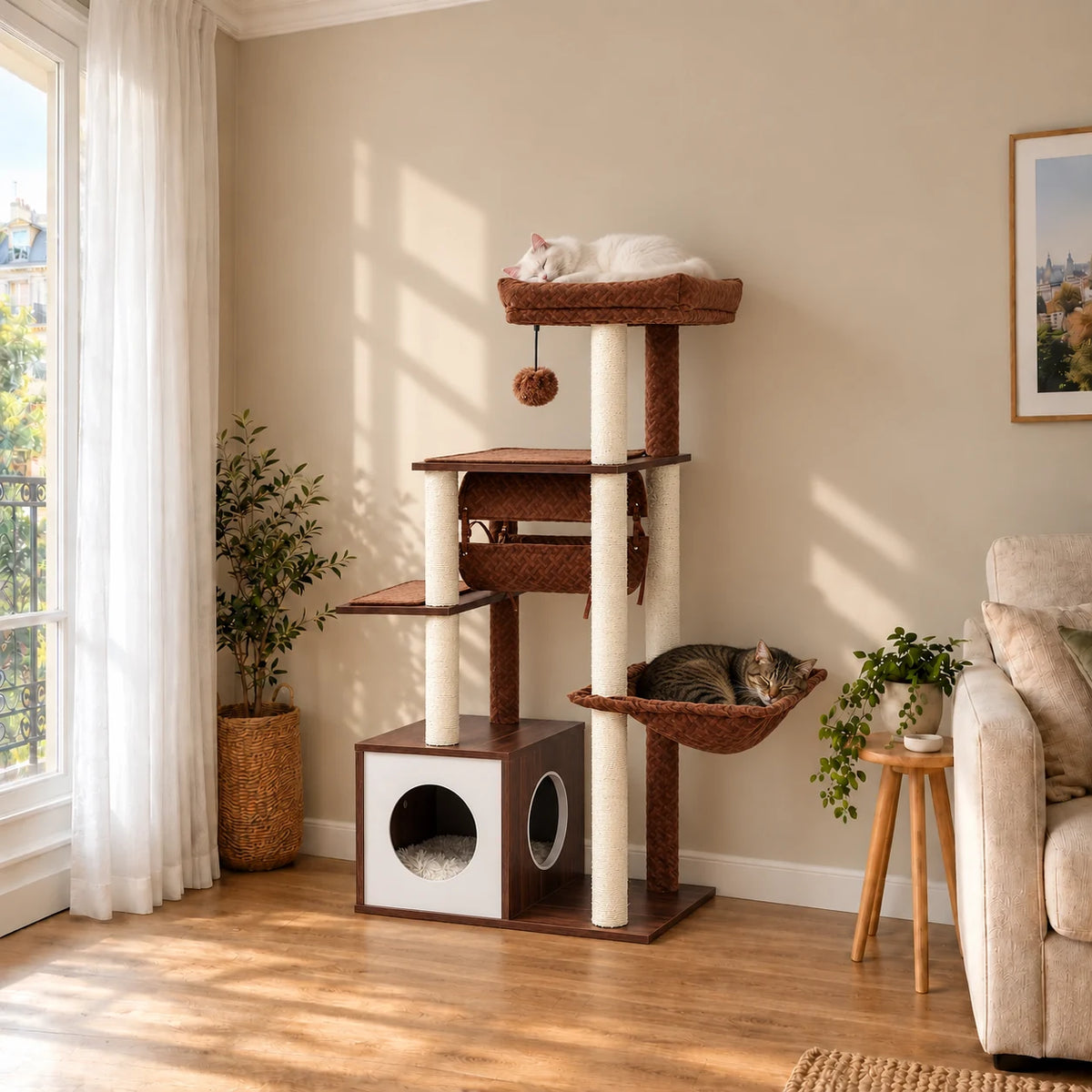 Arbre à chat Maple brun dans un salon, chats endormis sur le perchoir et dans le hamac