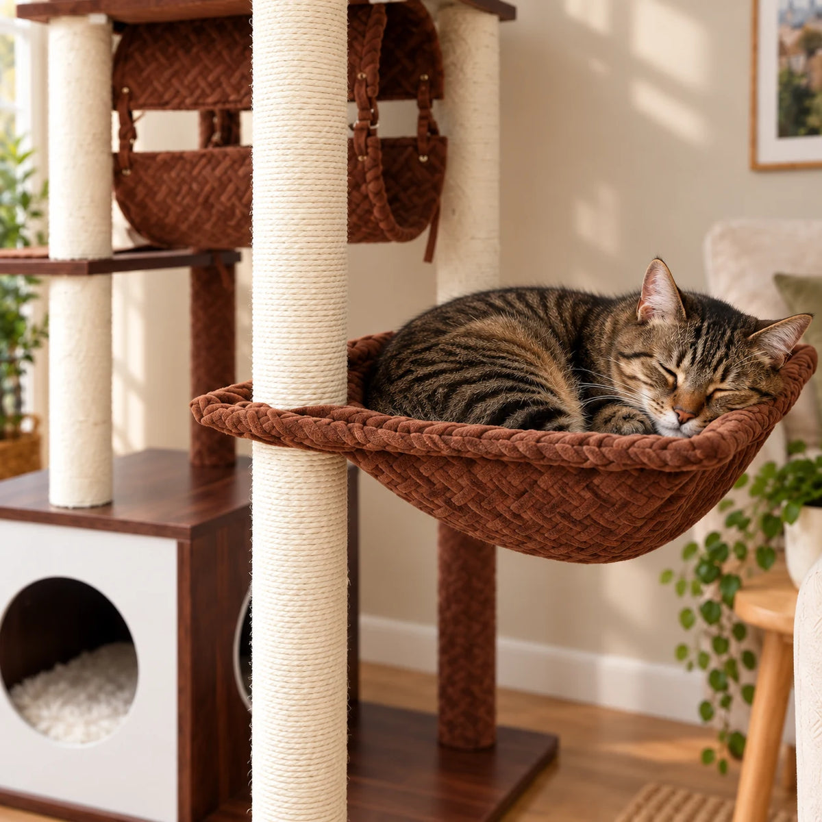 Chat tigré endormi dans le hamac matelassé brun de l'arbre à chat Maple
