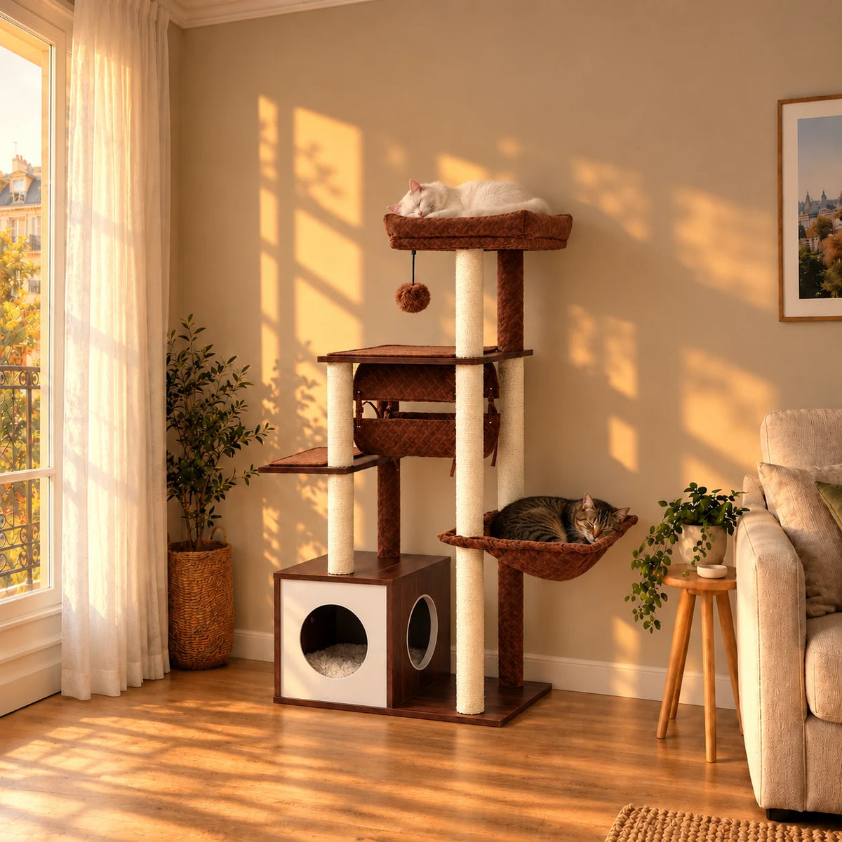 Arbre à chat Maple brun dans le salon au coucher du soleil avec deux chats endormis