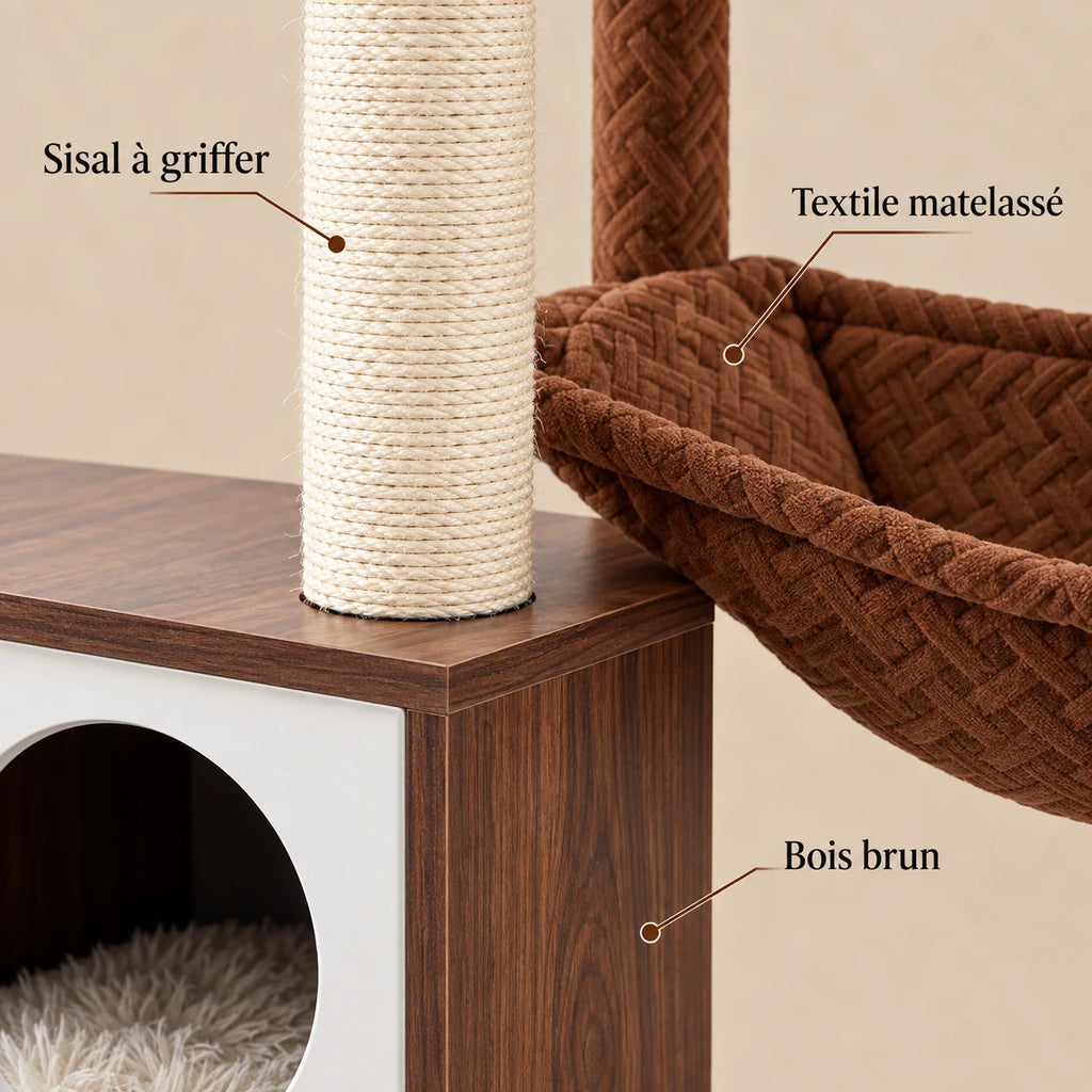 Détails du sisal, du textile matelassé et du bois brun de l'arbre à chat Maple