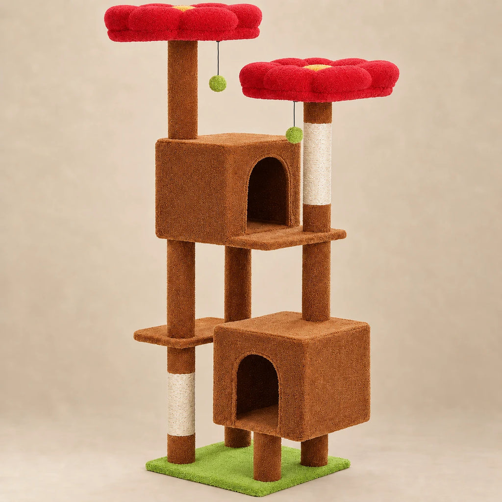 Arbre à chat Poppy brun caramel de 133 cm, base verte et deux perchoirs fleurs rouges sur fond beige