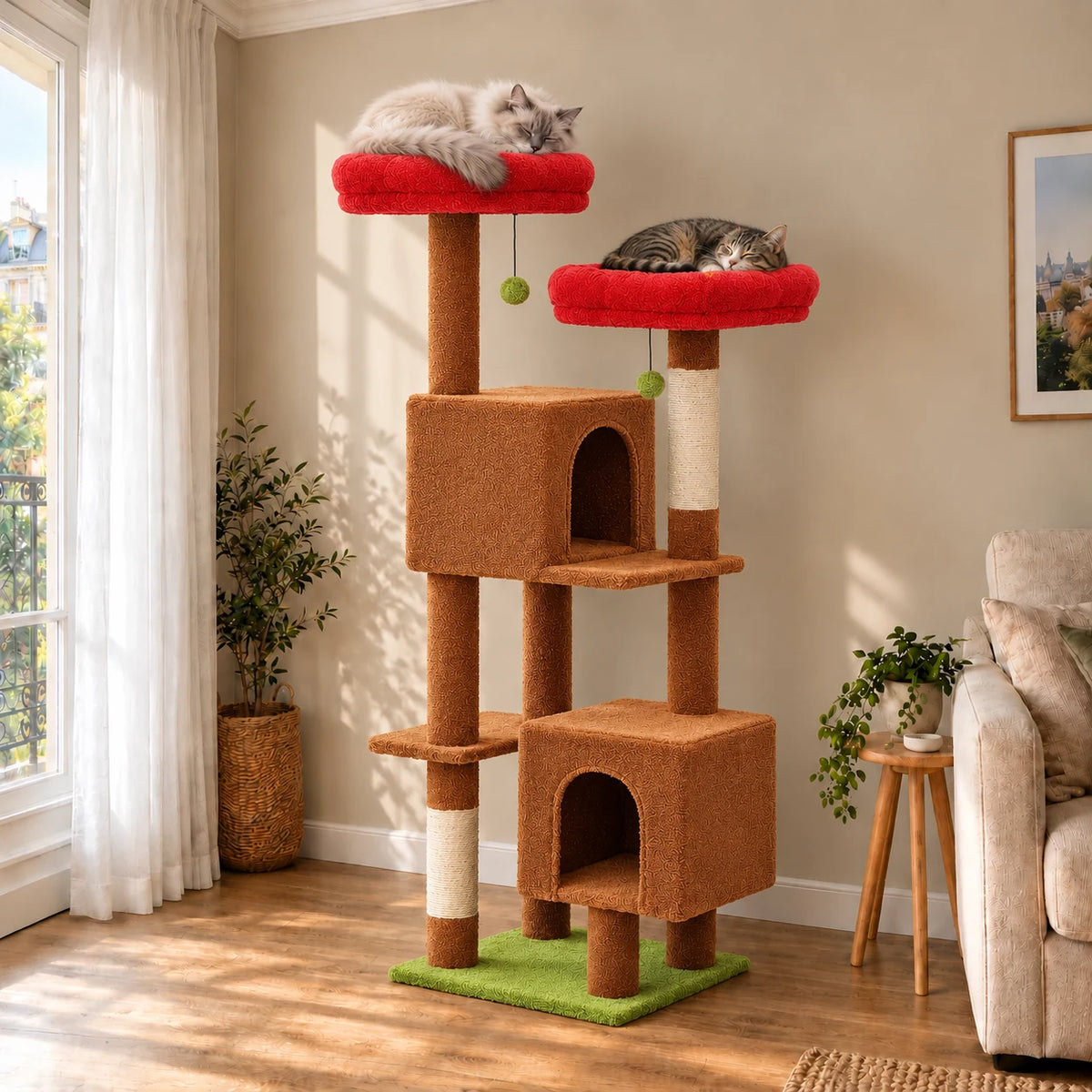 Arbre à chat Poppy brun caramel dans un salon avec deux chats endormis sur les perchoirs fleurs rouges