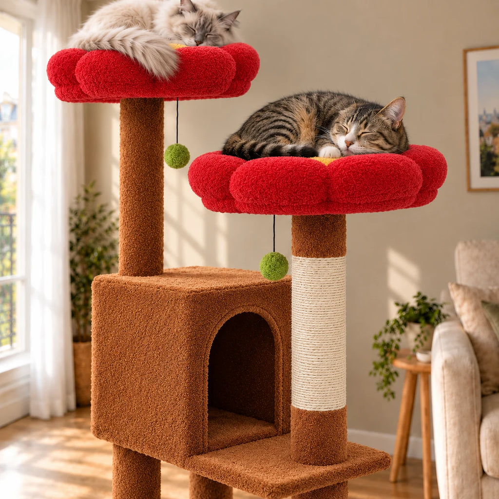 Gros plan de deux chats endormis sur les perchoirs fleurs rouges de l’arbre à chat Poppy brun
