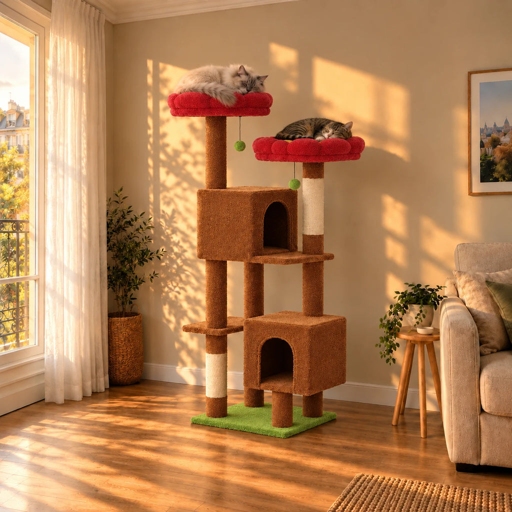 Arbre à chat Poppy brun caramel dans un salon au coucher du soleil avec deux chats endormis