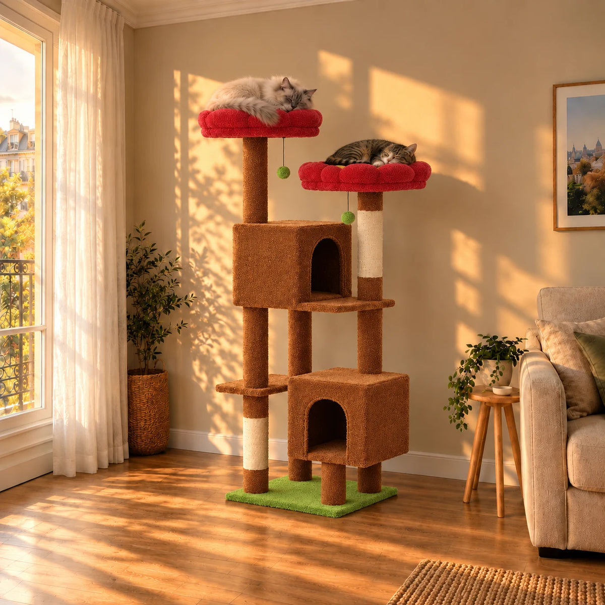 Arbre à chat Poppy brun caramel dans un salon au coucher du soleil avec deux chats endormis