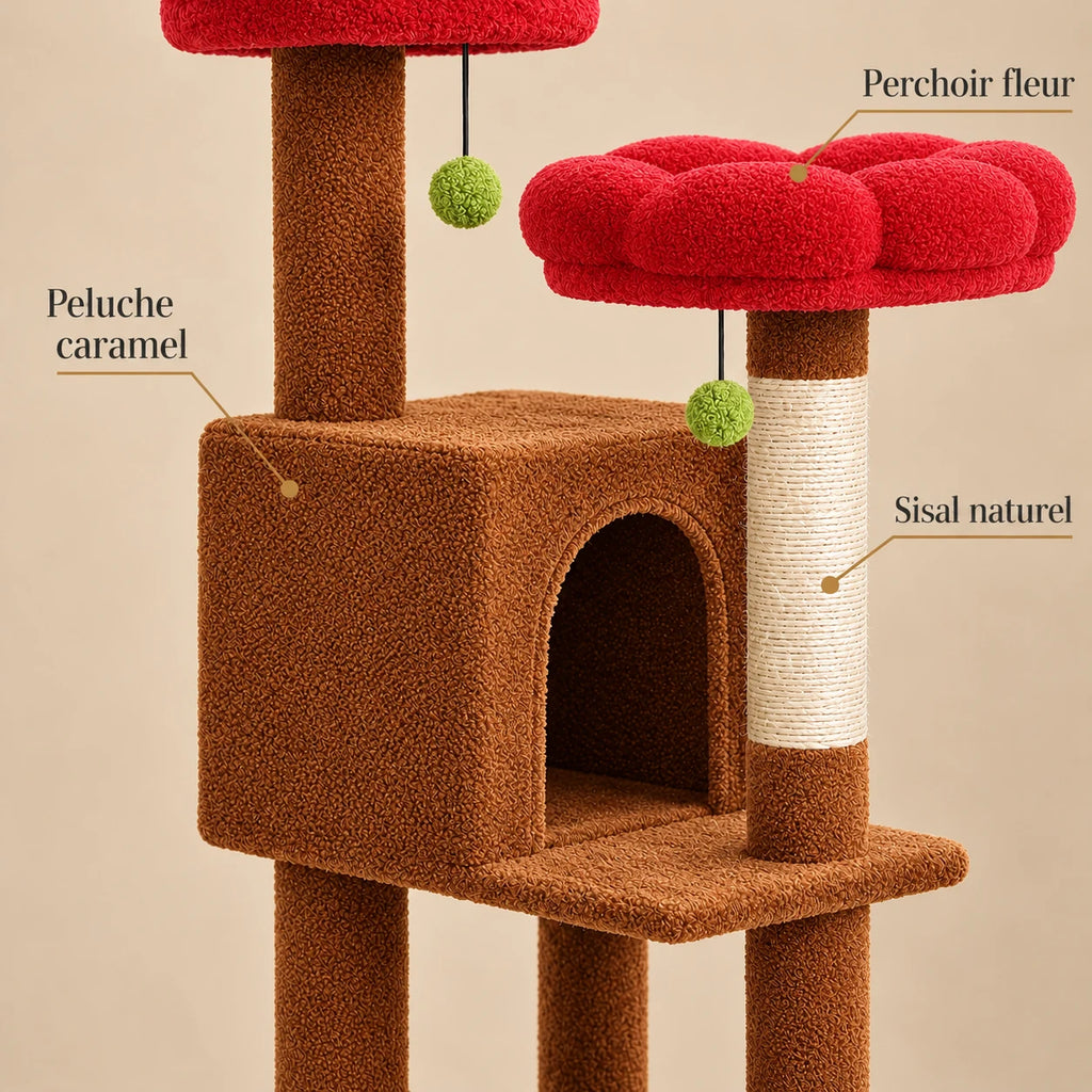 Détails de la peluche caramel, du sisal naturel et du perchoir fleur rouge de l’arbre à chat Poppy