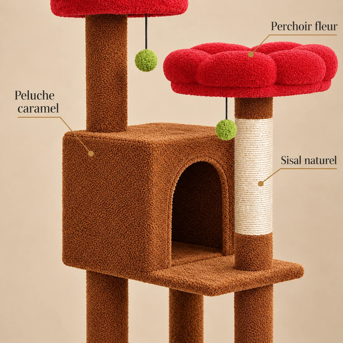 Détails de la peluche caramel, du sisal naturel et du perchoir fleur rouge de l’arbre à chat Poppy