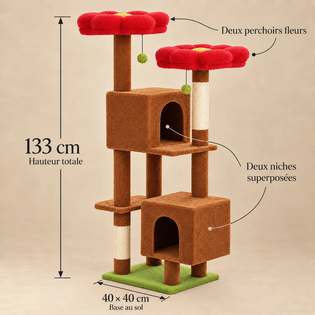 Dimensions de l’arbre à chat Poppy brun à perchoirs fleurs : hauteur 133 cm et base 40 × 40 cm