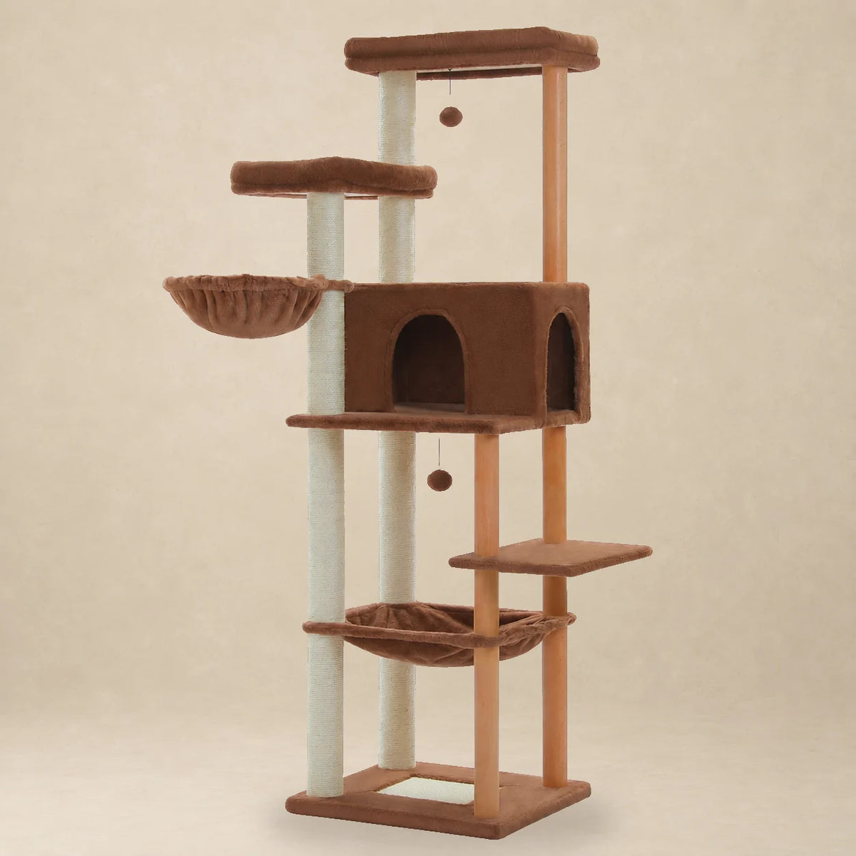 Arbre à chat Walnut brun XXL de 186 cm avec deux hamacs, deux plateformes et une niche sur fond beige