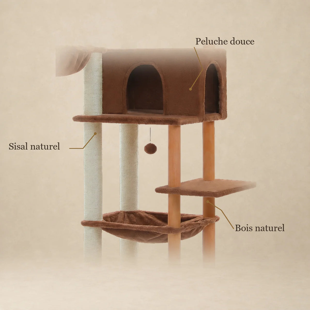 Détails de la peluche brune, du sisal naturel et des montants en bois de l’arbre à chat Walnut