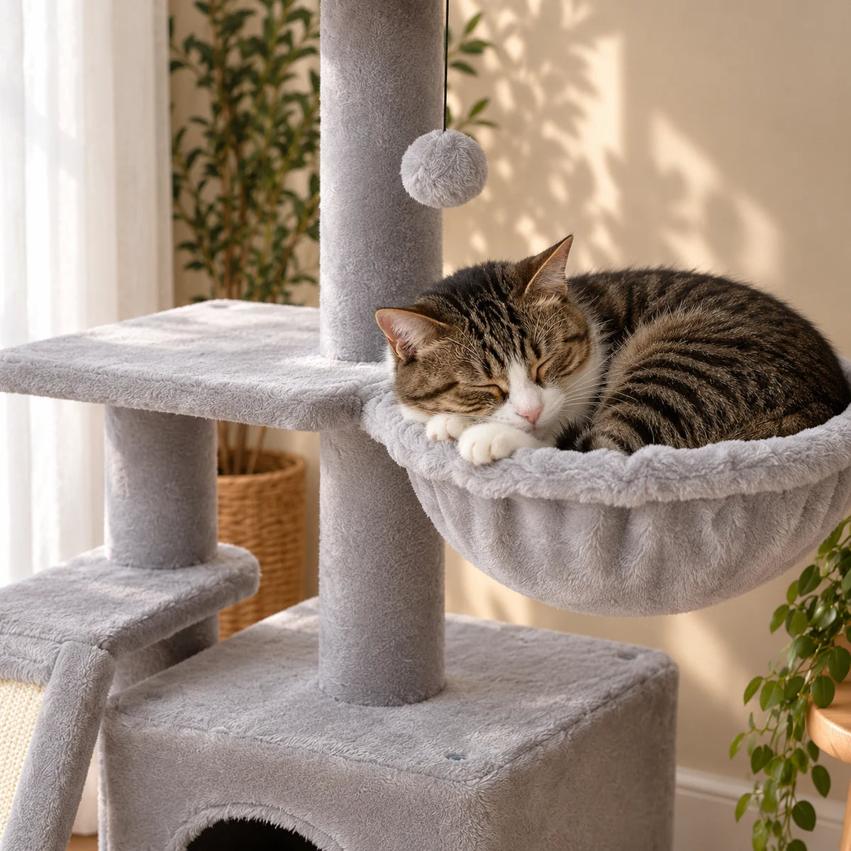 Chat tigré endormi dans le hamac rembourré gris de l’arbre à chat Quartz