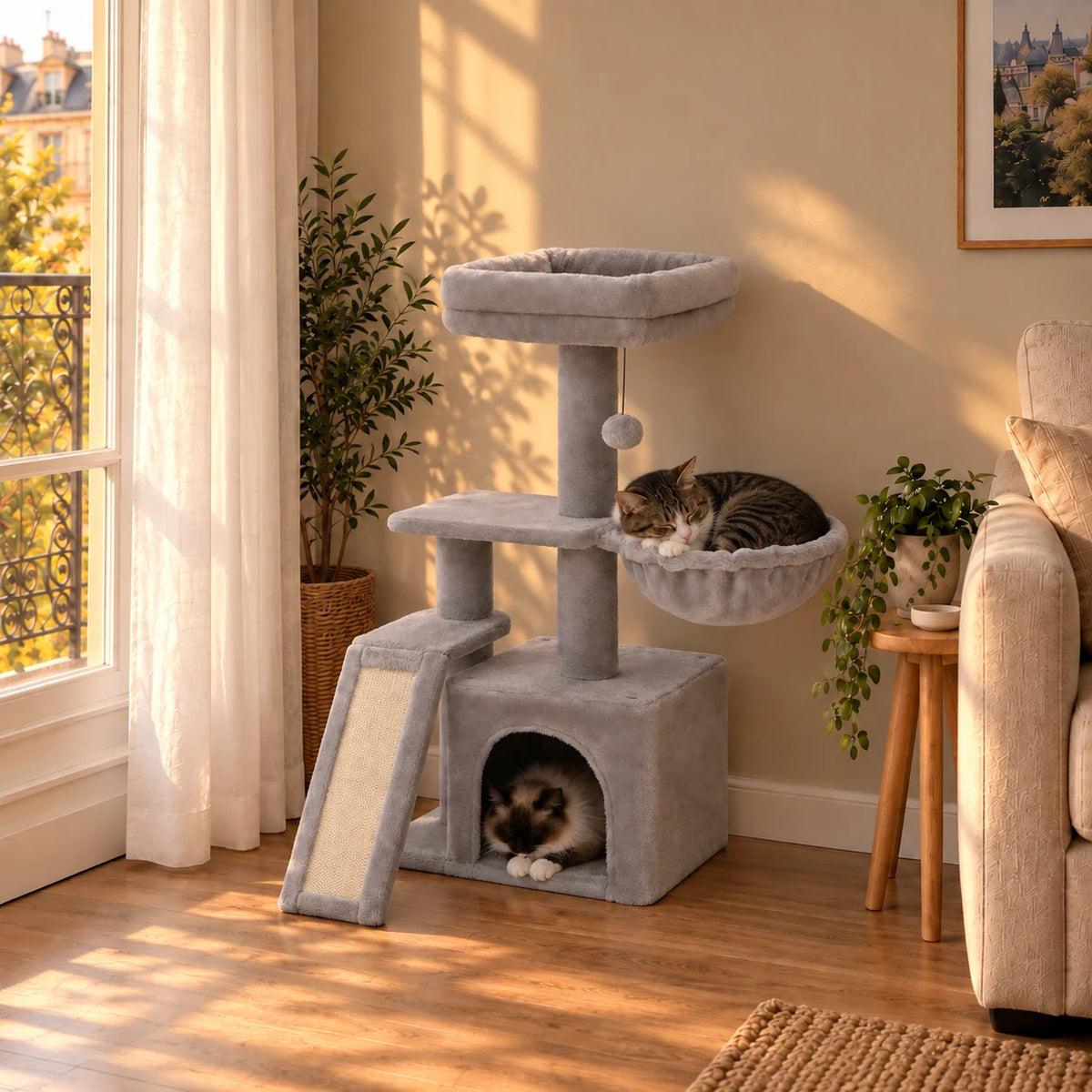 Arbre à chat Quartz dans le même salon au coucher du soleil avec deux chats au repos