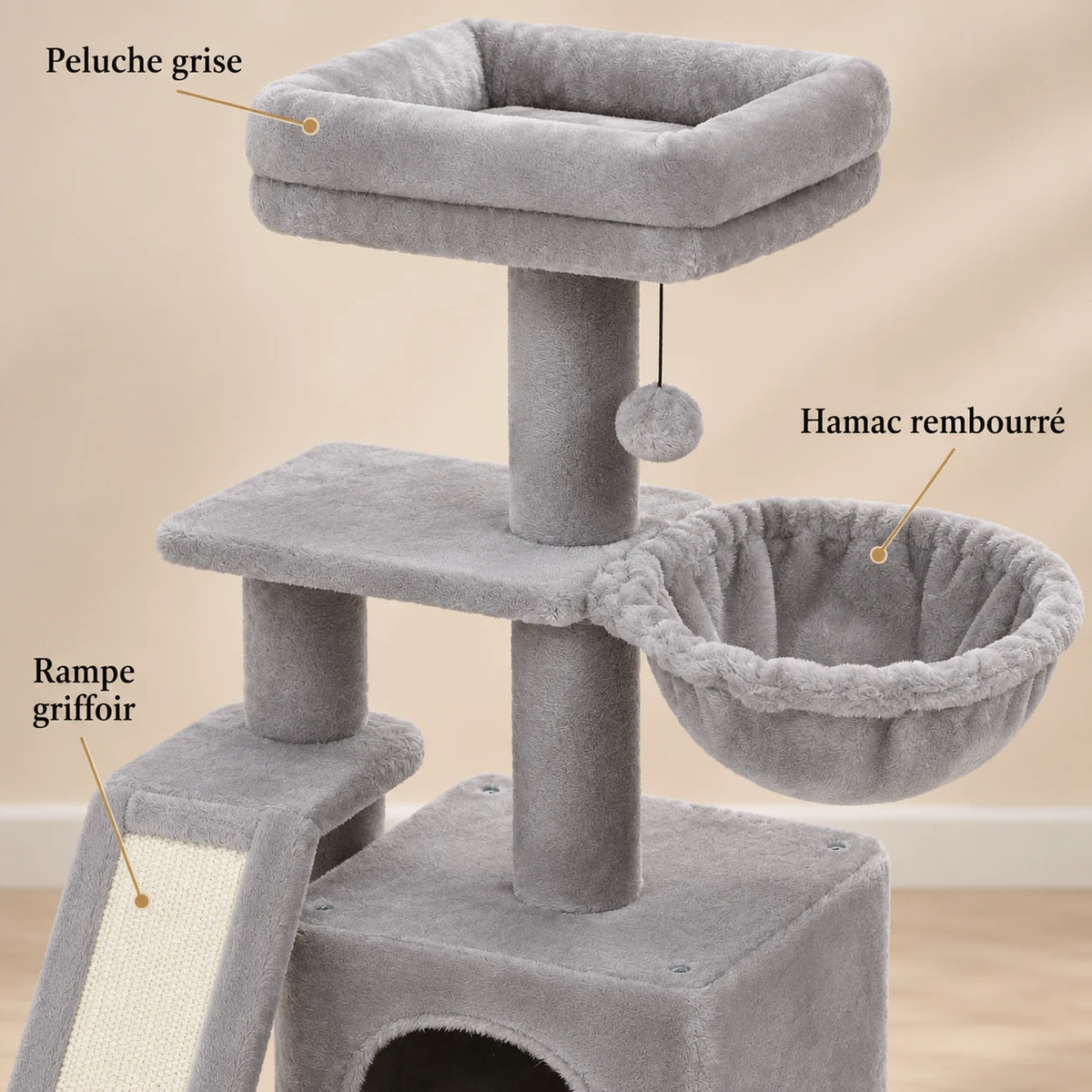 Détails de Quartz gris : peluche douce, hamac rembourré et rampe griffoir