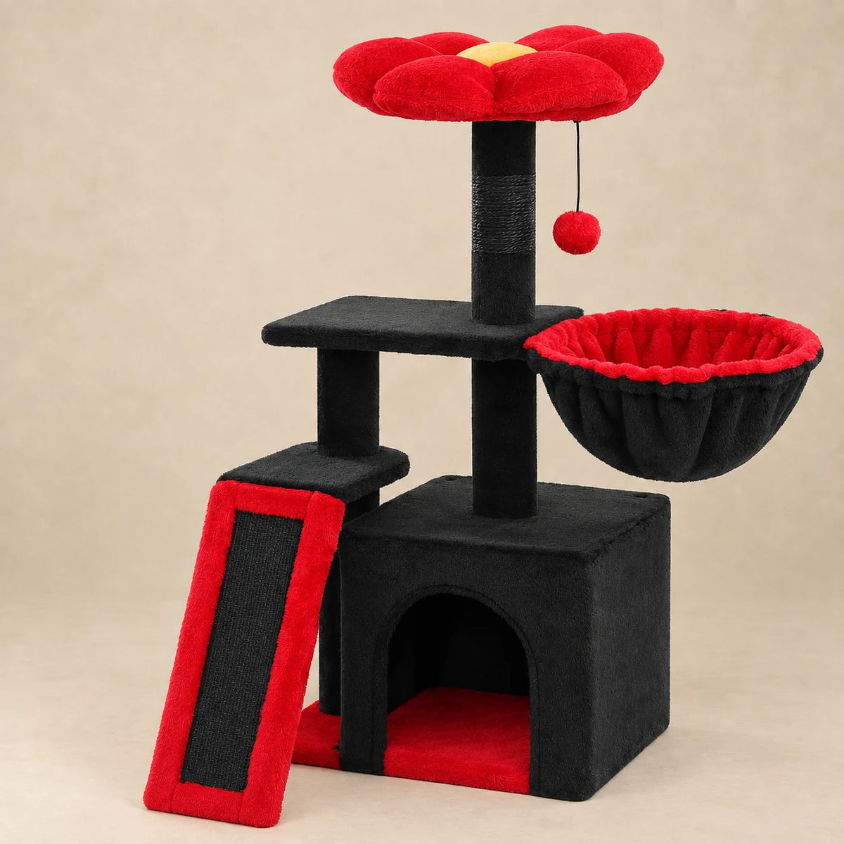 Arbre à chat Cinder noir et rouge de 80 cm avec fleur, hamac, niche et rampe sur fond beige