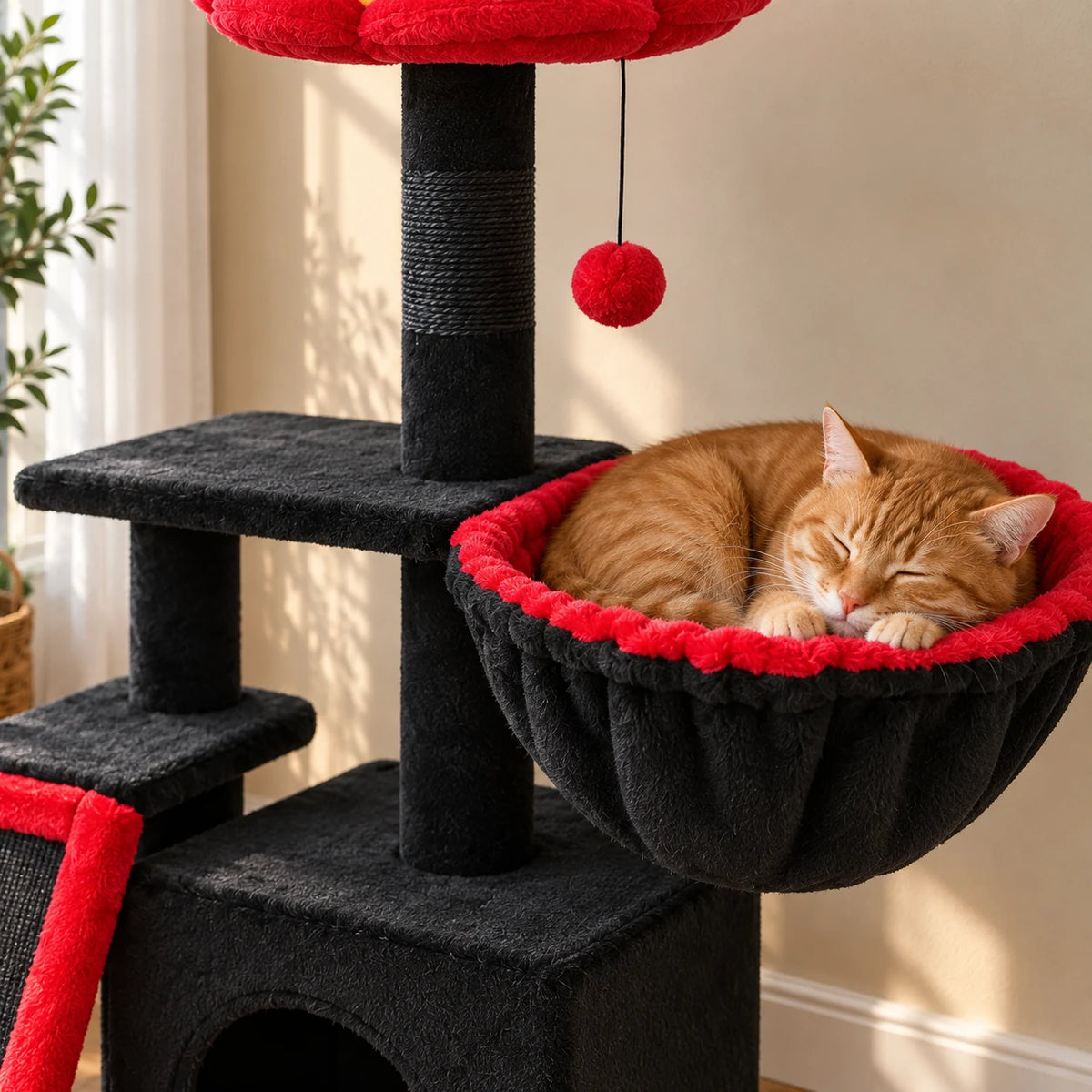 Chat roux endormi dans le hamac rouge et noir de l’arbre à chat Cinder