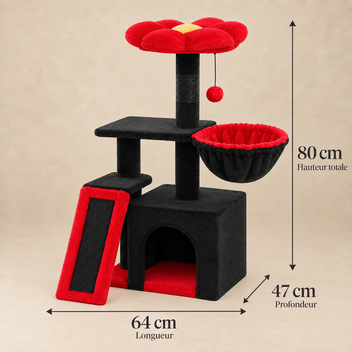 Dimensions de l’arbre à chat Cinder : 80 cm de haut et 64 × 47 cm d’emprise au sol