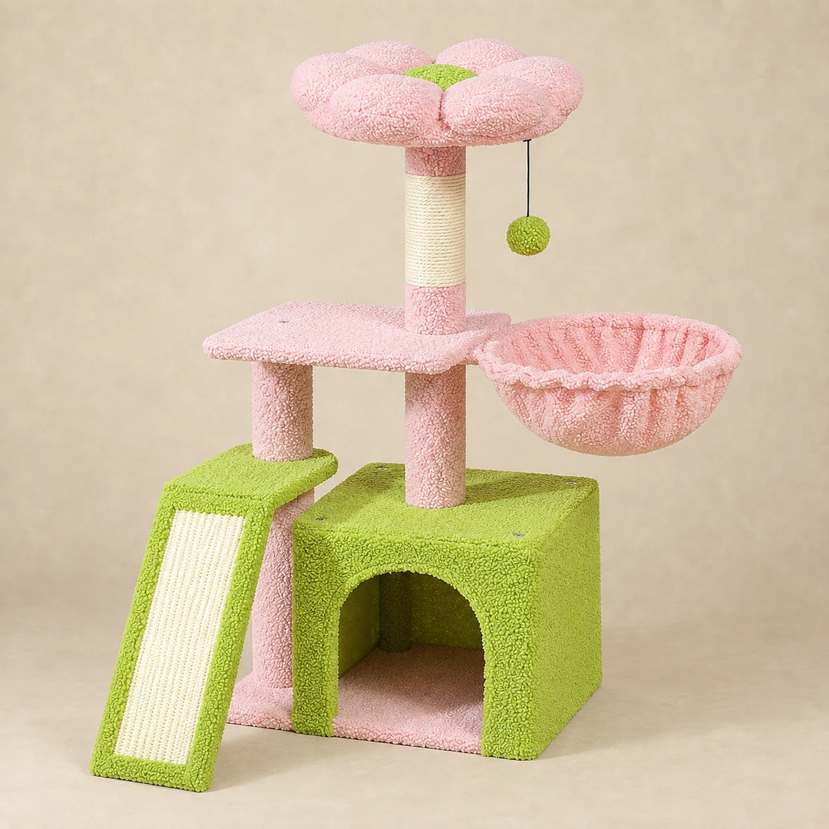 Arbre à chat Azalea rose et vert de 80 cm avec fleur, hamac, niche et rampe sur fond beige