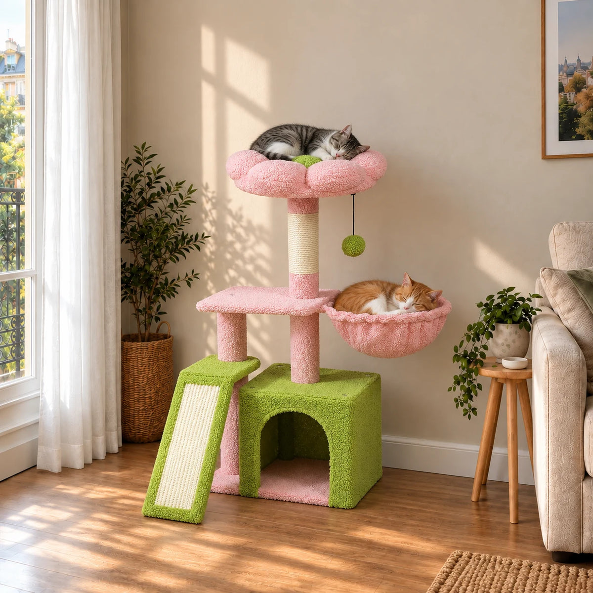 Arbre à chat Azalea dans un salon avec deux chats endormis, sur la fleur et dans le hamac rose