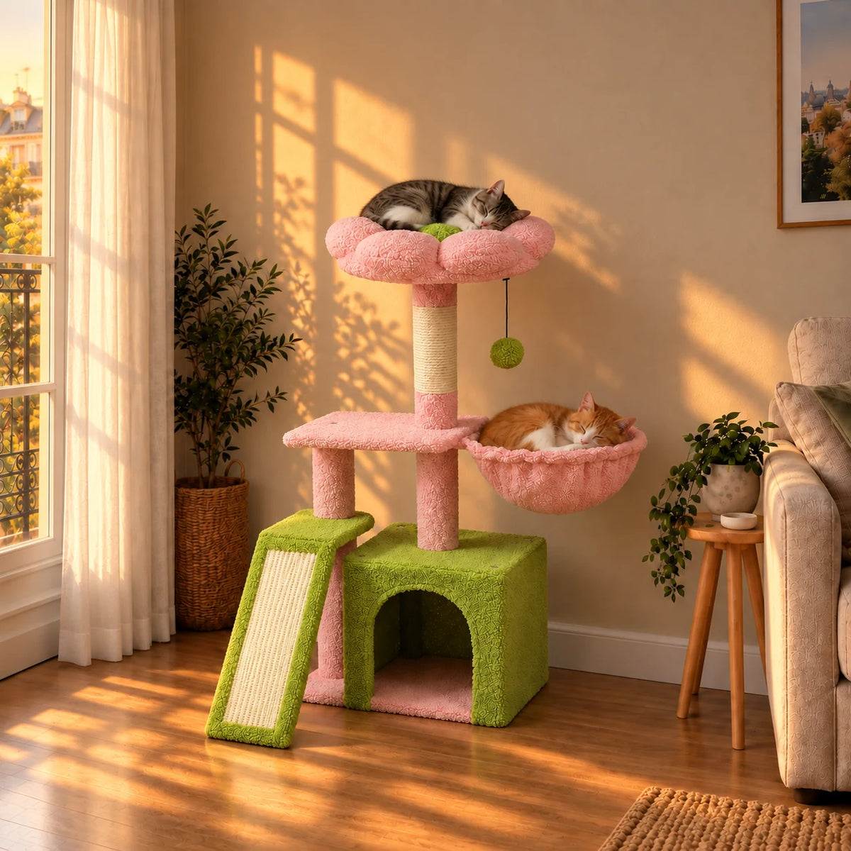 Arbre à chat Azalea dans le salon au coucher du soleil avec deux chats endormis