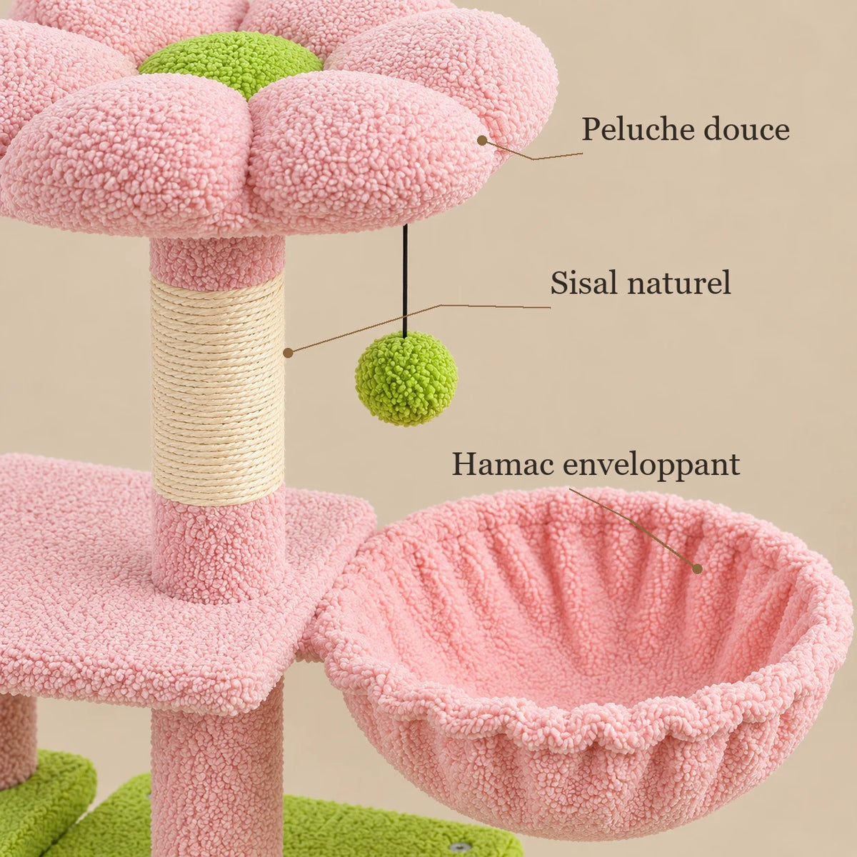 Détails de la peluche rose, du sisal naturel et du hamac de l’arbre à chat Azalea