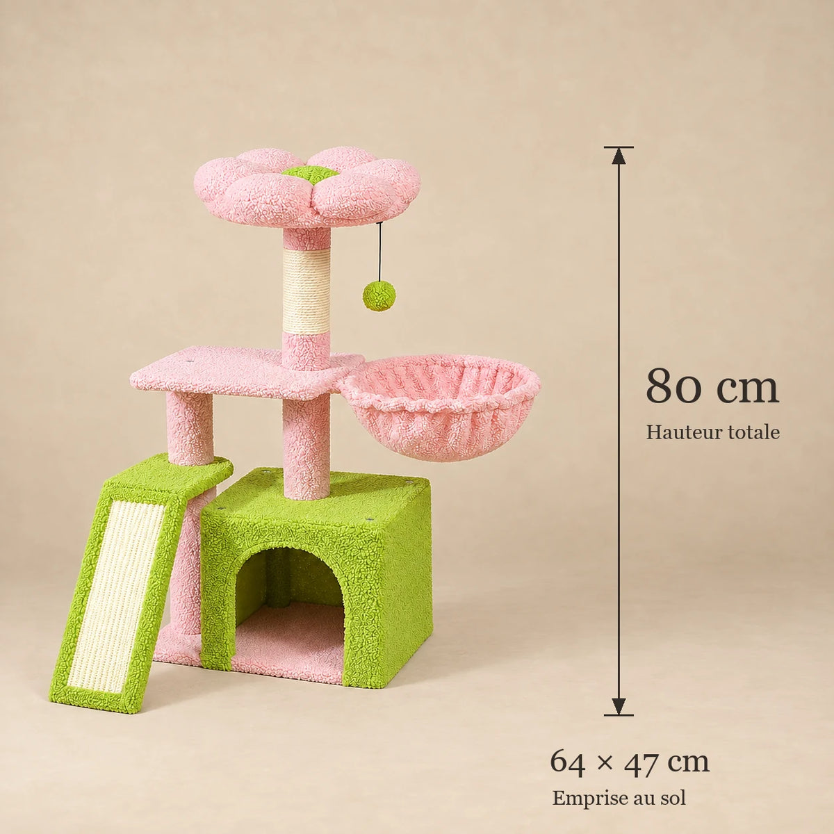 Dimensions de l’arbre à chat Azalea : 80 cm de haut et 64 × 47 cm d’emprise au sol