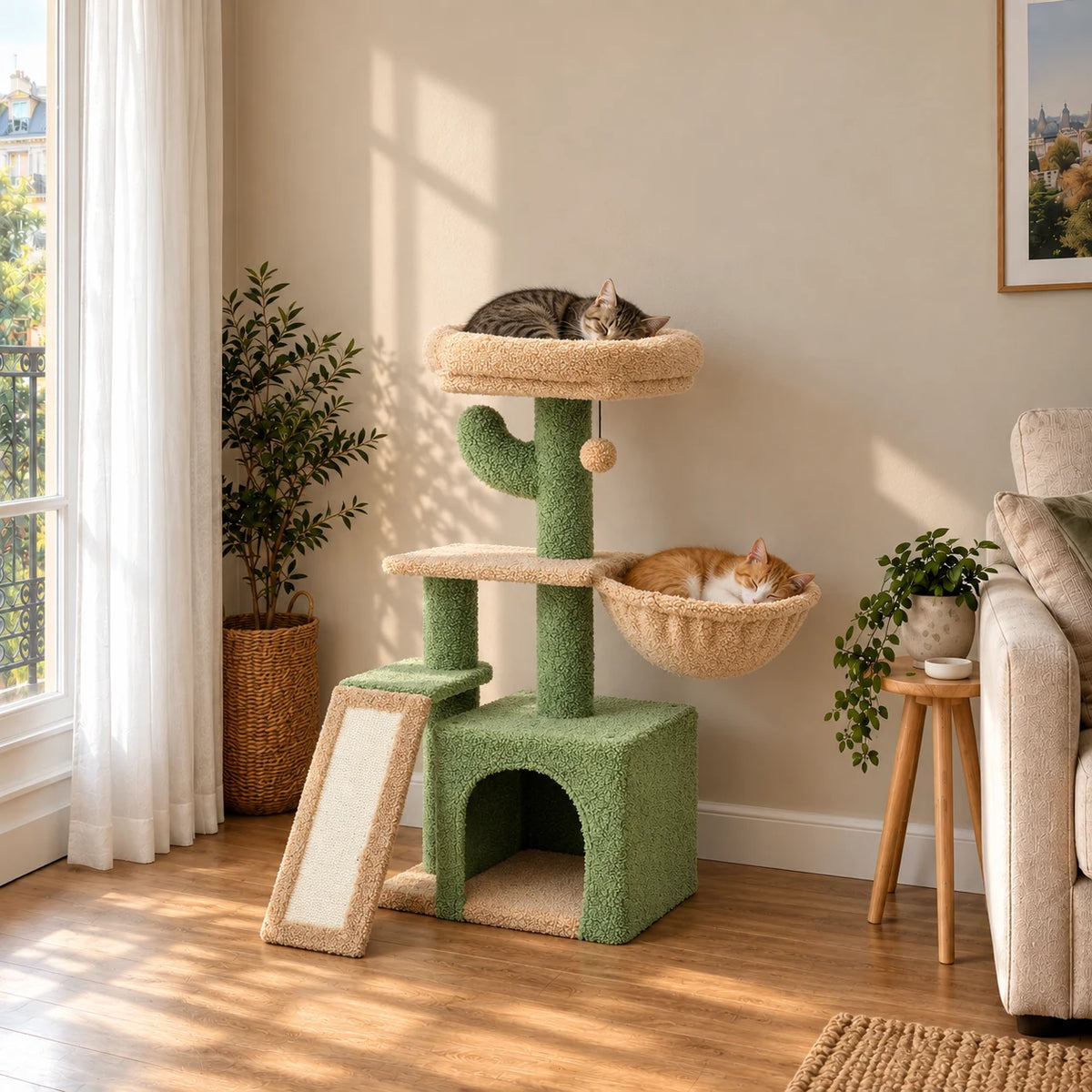 Arbre à chat Fennel dans un salon avec deux chats endormis sur le couchage haut et dans le hamac