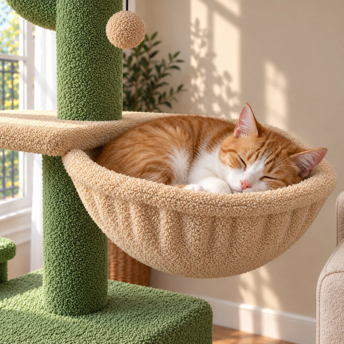 Chat roux et blanc endormi dans le hamac beige de l’arbre à chat cactus Fennel
