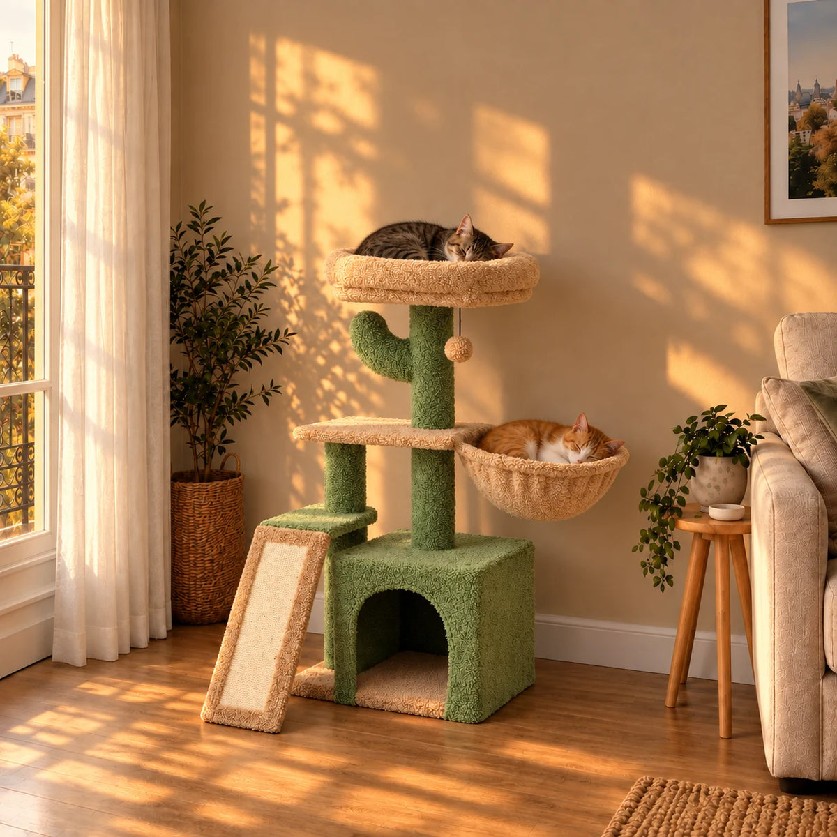 Arbre à chat cactus Fennel dans le salon au coucher du soleil avec deux chats endormis