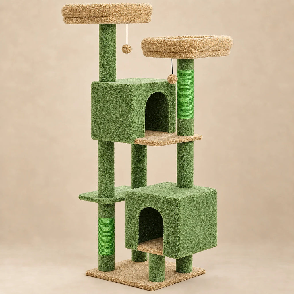 Arbre à chat Juniper vert mousse de 133 cm avec deux niches et deux perchoirs beiges sur fond beige