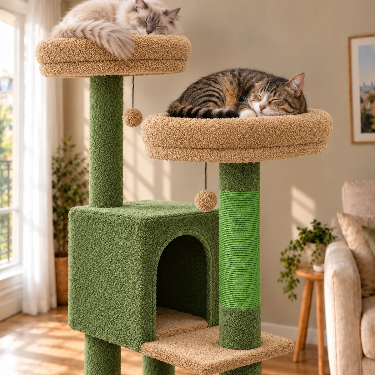 Gros plan de deux chats endormis sur les perchoirs beiges de l’arbre à chat Juniper vert mousse