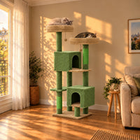 Arbre à chat Juniper vert mousse dans un salon au coucher du soleil avec deux chats endormis