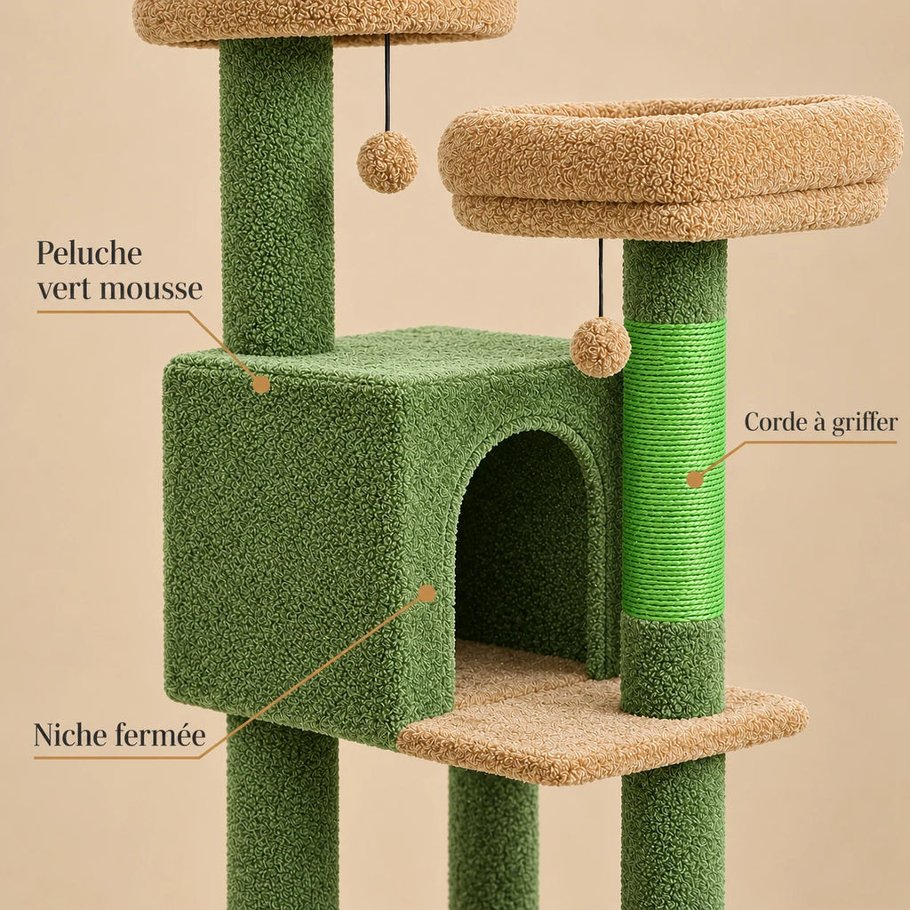 Détails de la peluche vert mousse, de la corde à griffer verte et de la niche de l’arbre à chat Juniper