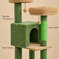 Détails de la peluche vert mousse, de la corde à griffer verte et de la niche de l’arbre à chat Juniper
