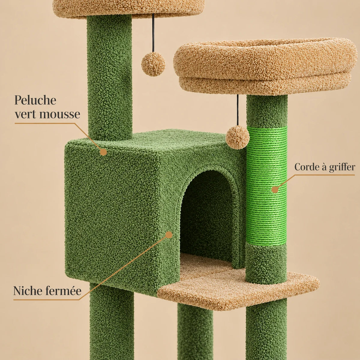 Détails de la peluche vert mousse, de la corde à griffer verte et de la niche de l’arbre à chat Juniper