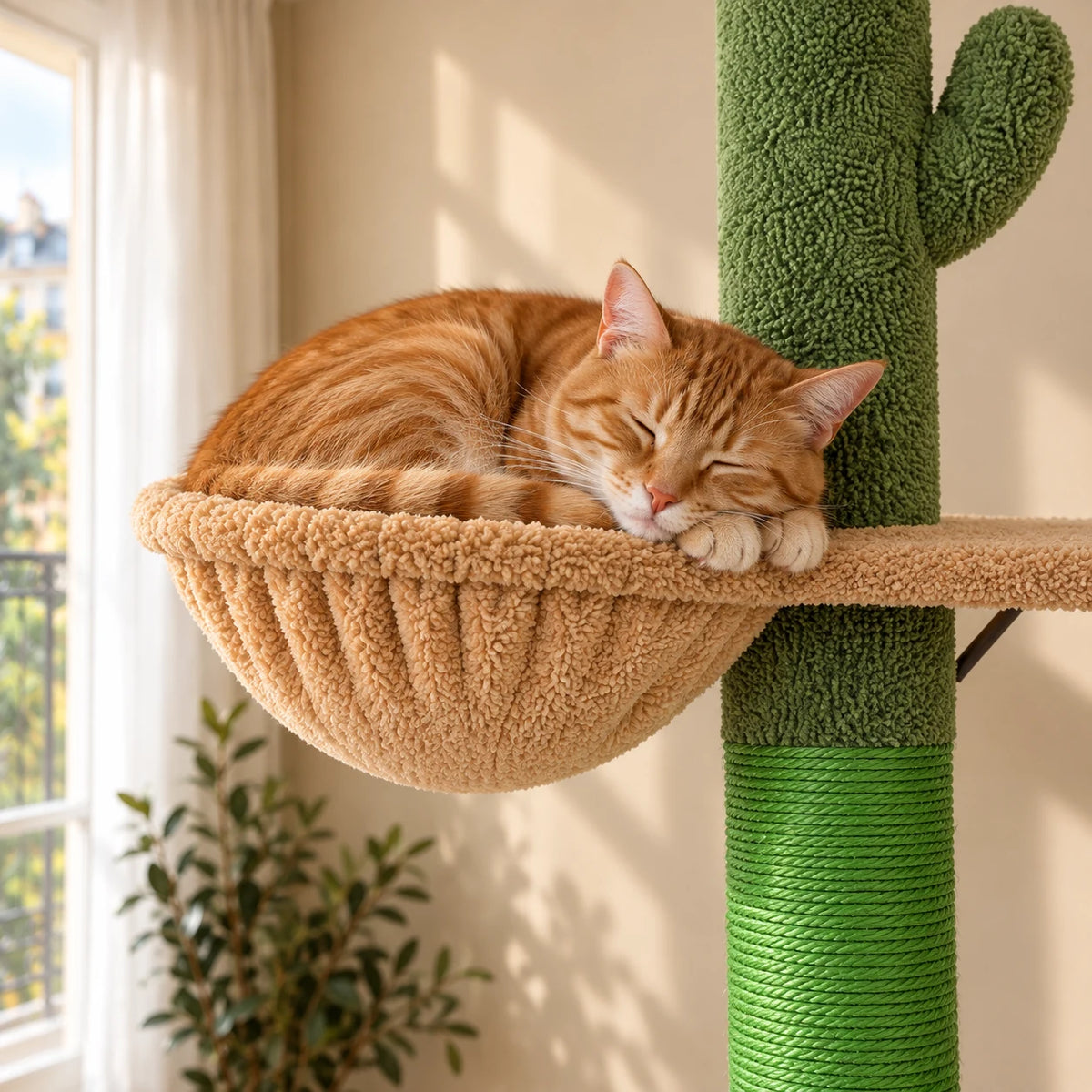 Chat roux endormi dans le hamac beige de l’arbre à chat cactus Laurel
