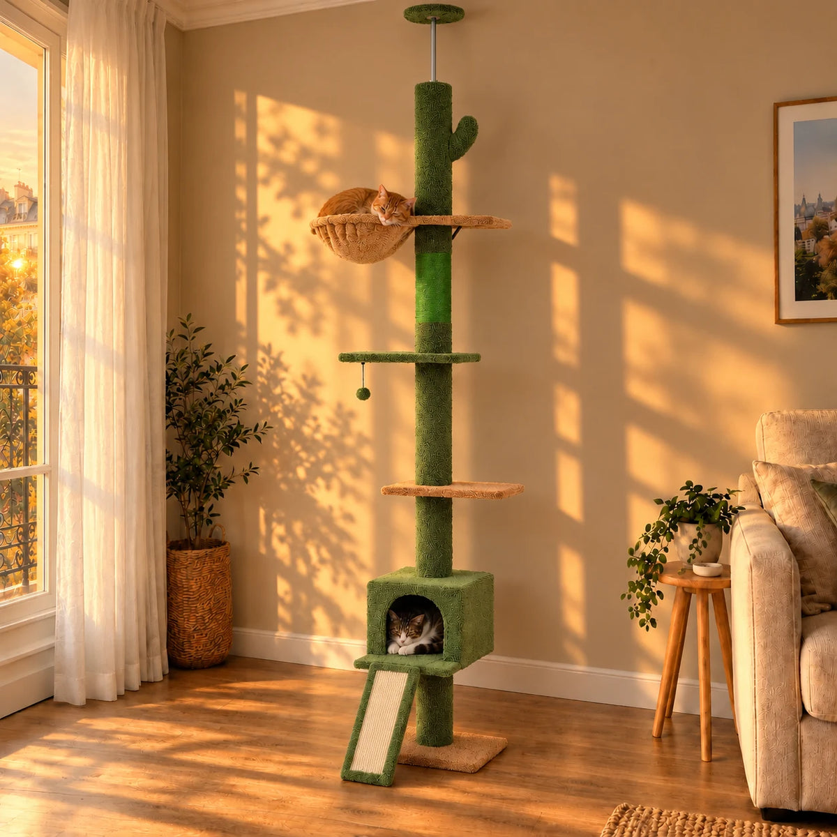 Arbre à chat cactus vert Laurel au soleil couchant dans le salon, avec deux chats au repos