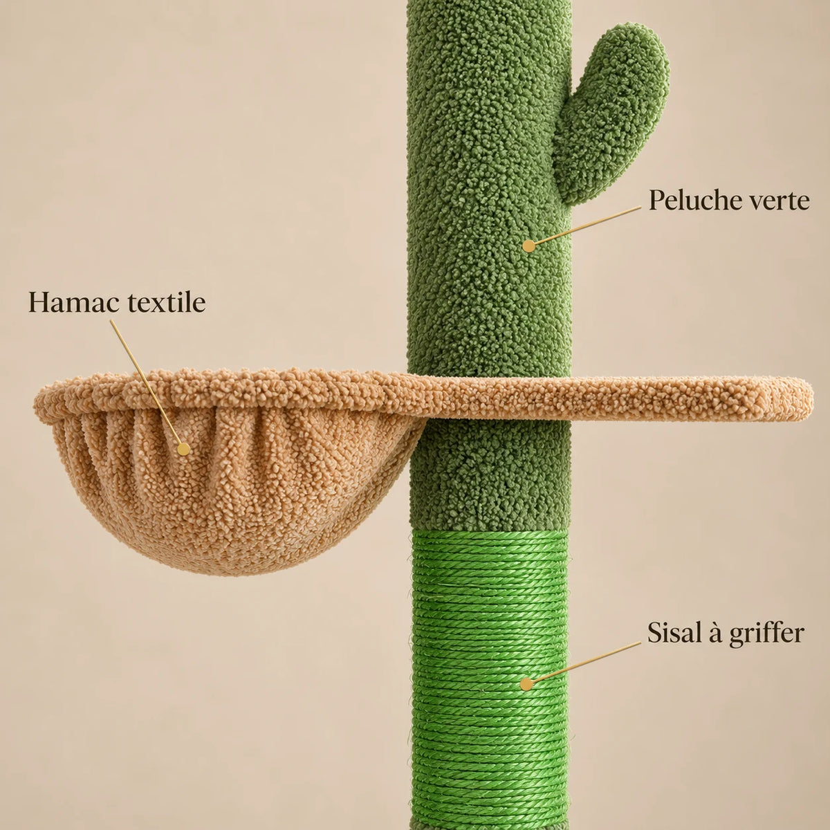Détails de l’arbre à chat Laurel : hamac textile beige, peluche verte et sisal vert