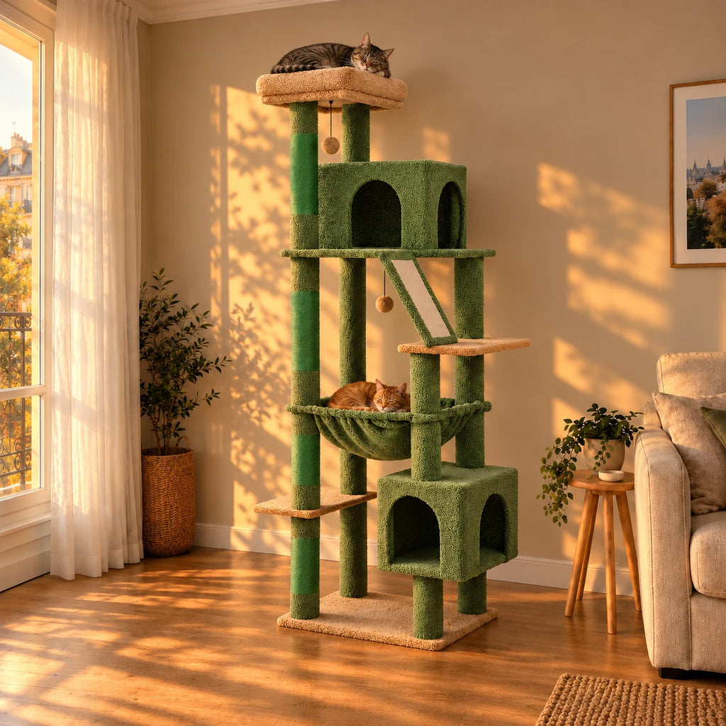 Arbre à chat Ivy vert dans le salon au coucher du soleil avec deux chats endormis