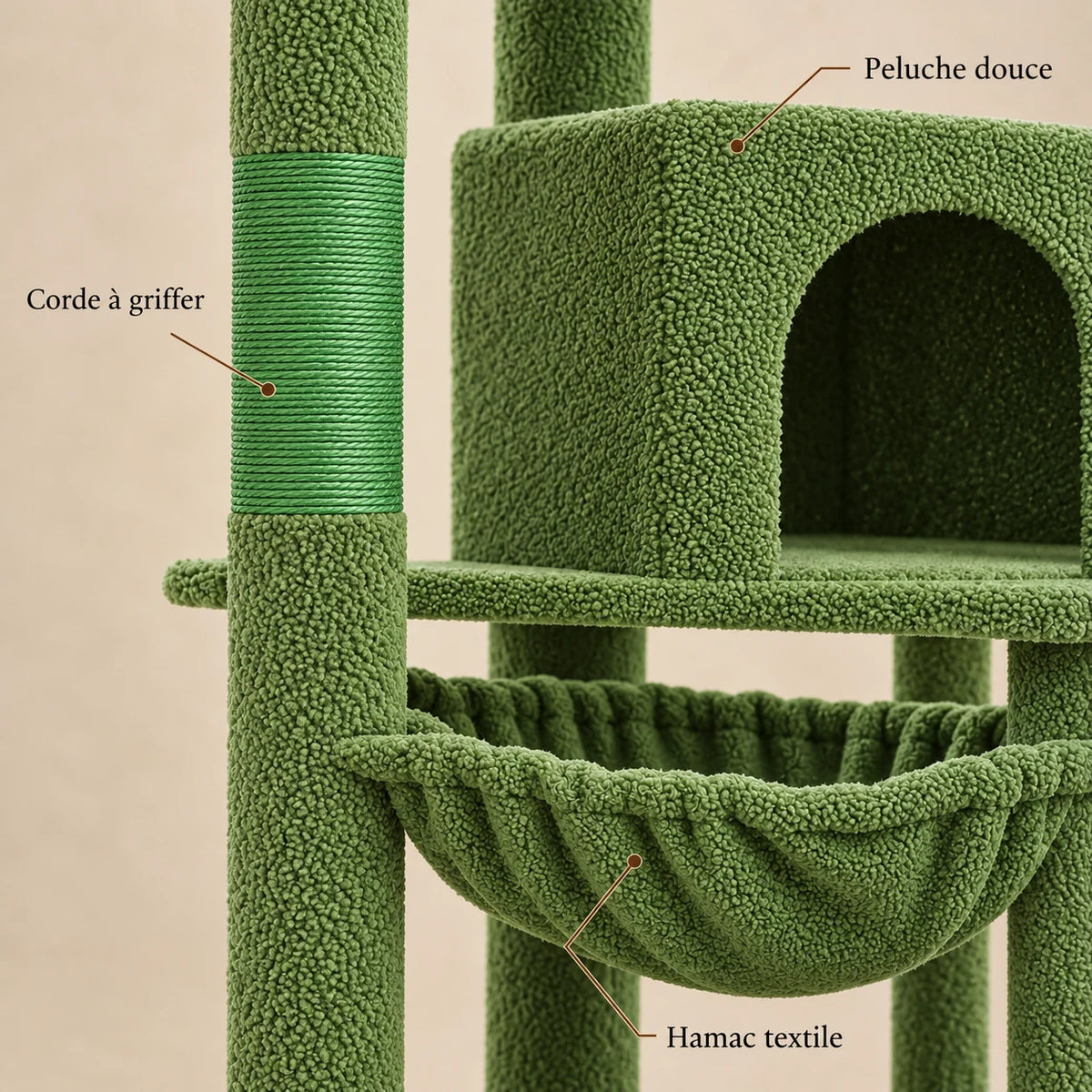 Détails de la peluche vert mousse, de la corde à griffer et du hamac d'Ivy