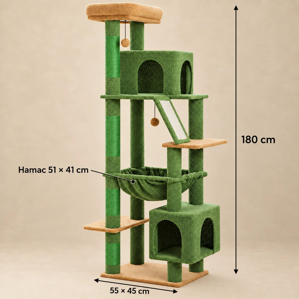 Dimensions de l'arbre à chat Ivy vert : 180 cm de haut, base 55 × 45 cm, hamac 51 × 41 cm