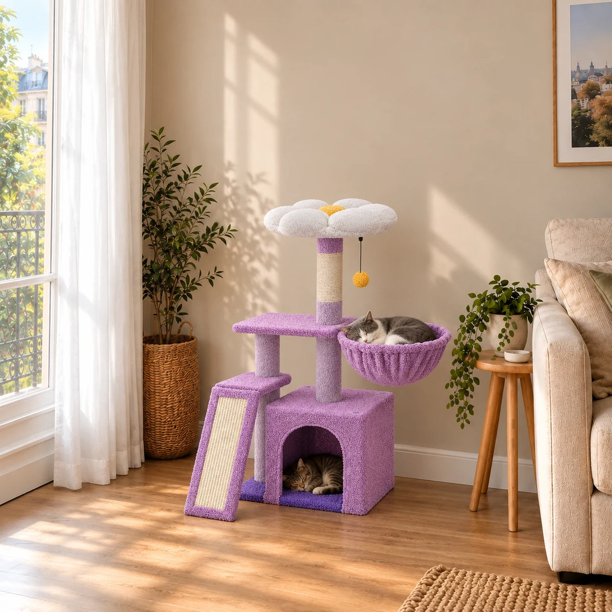 Arbre à chat Lilac violet dans un salon avec deux chats au repos dans le hamac et la niche