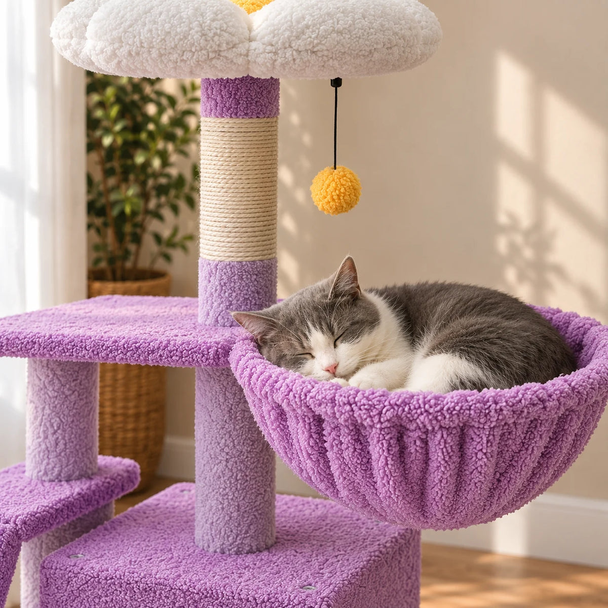 Chat gris et blanc endormi dans le hamac violet de l’arbre à chat Lilac