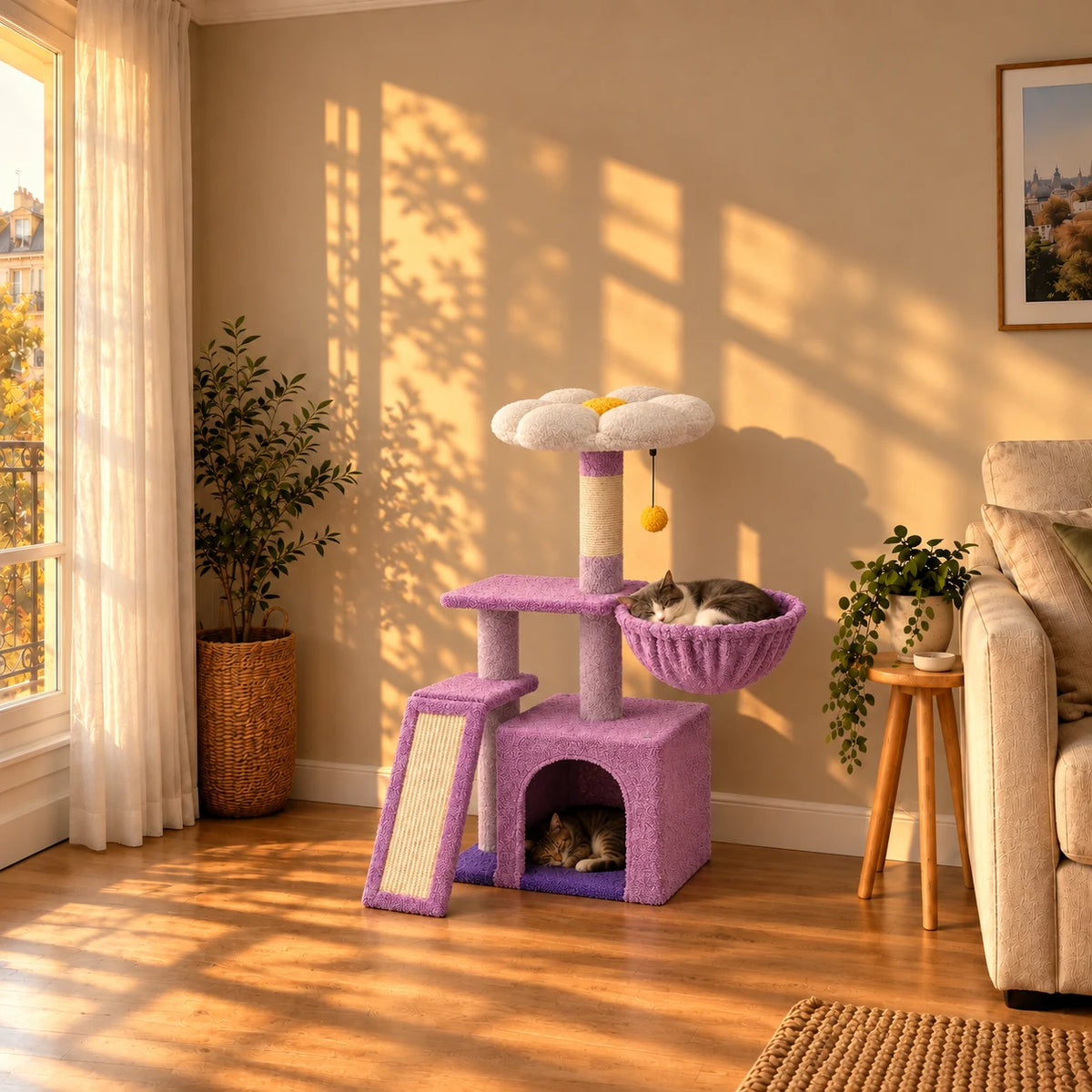 Arbre à chat Lilac violet au coucher du soleil dans un salon avec deux chats endormis