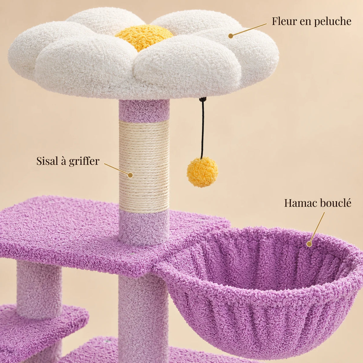 Détails de Lilac violet : fleur en peluche, poteau en sisal et hamac bouclé