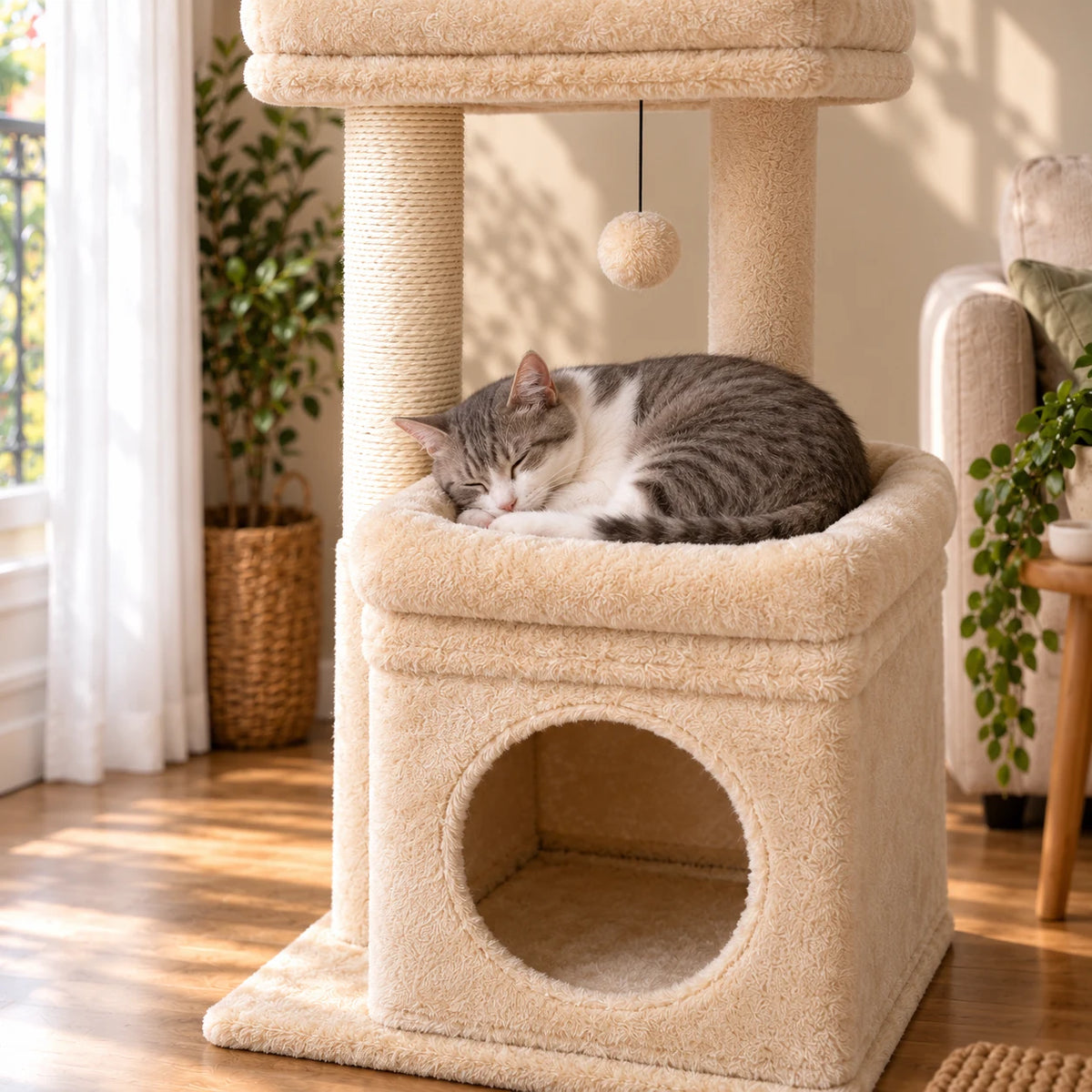 Chat gris et blanc endormi sur le perchoir inférieur de l'arbre à chat Praline beige