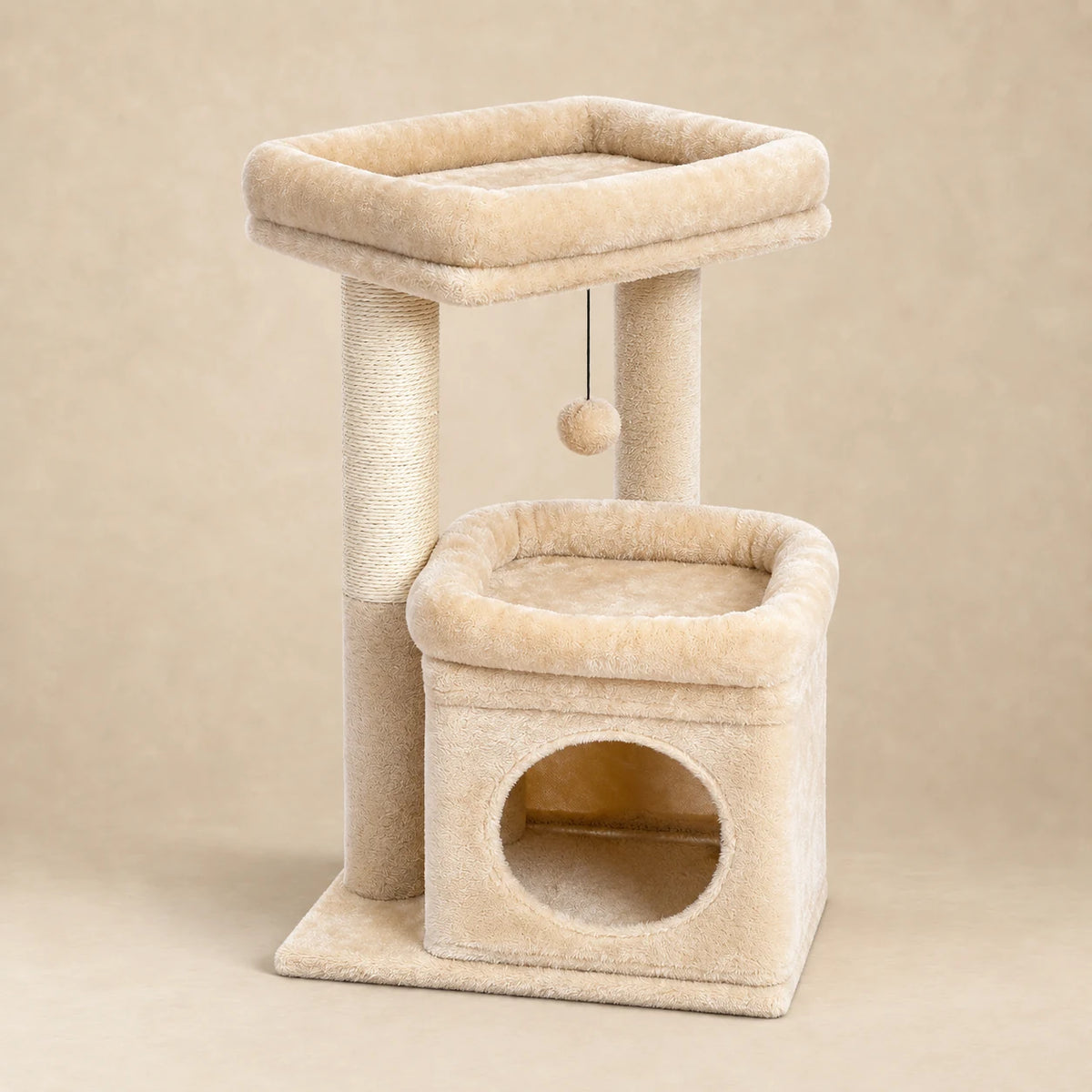 Arbre à chat Buttercream beige de 60 cm, vue entière avec niche en arche
